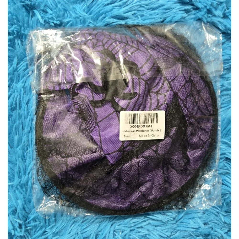 Halloween Witch Hat Purple/Black Spiderweb Pattern w/ Black Tulle, One Size